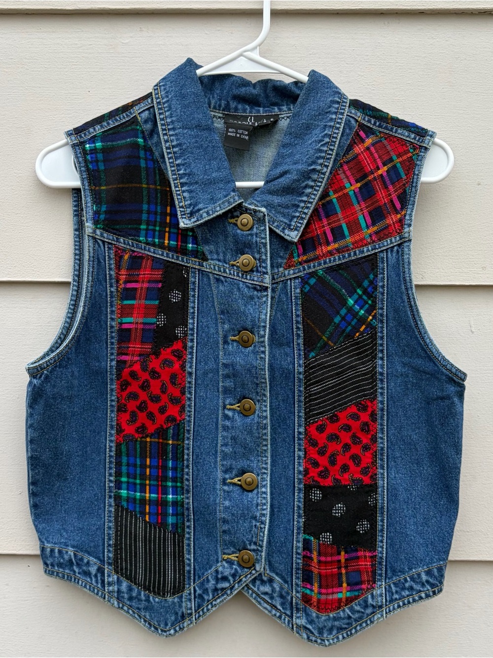 Carole Little Blue Denim Vest with Red & Multicolor Plaid Patchwork - Small